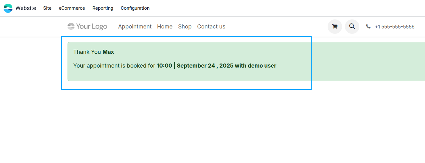 Website showing Thank You popup message with appointment details including customer name, team member, date, and time