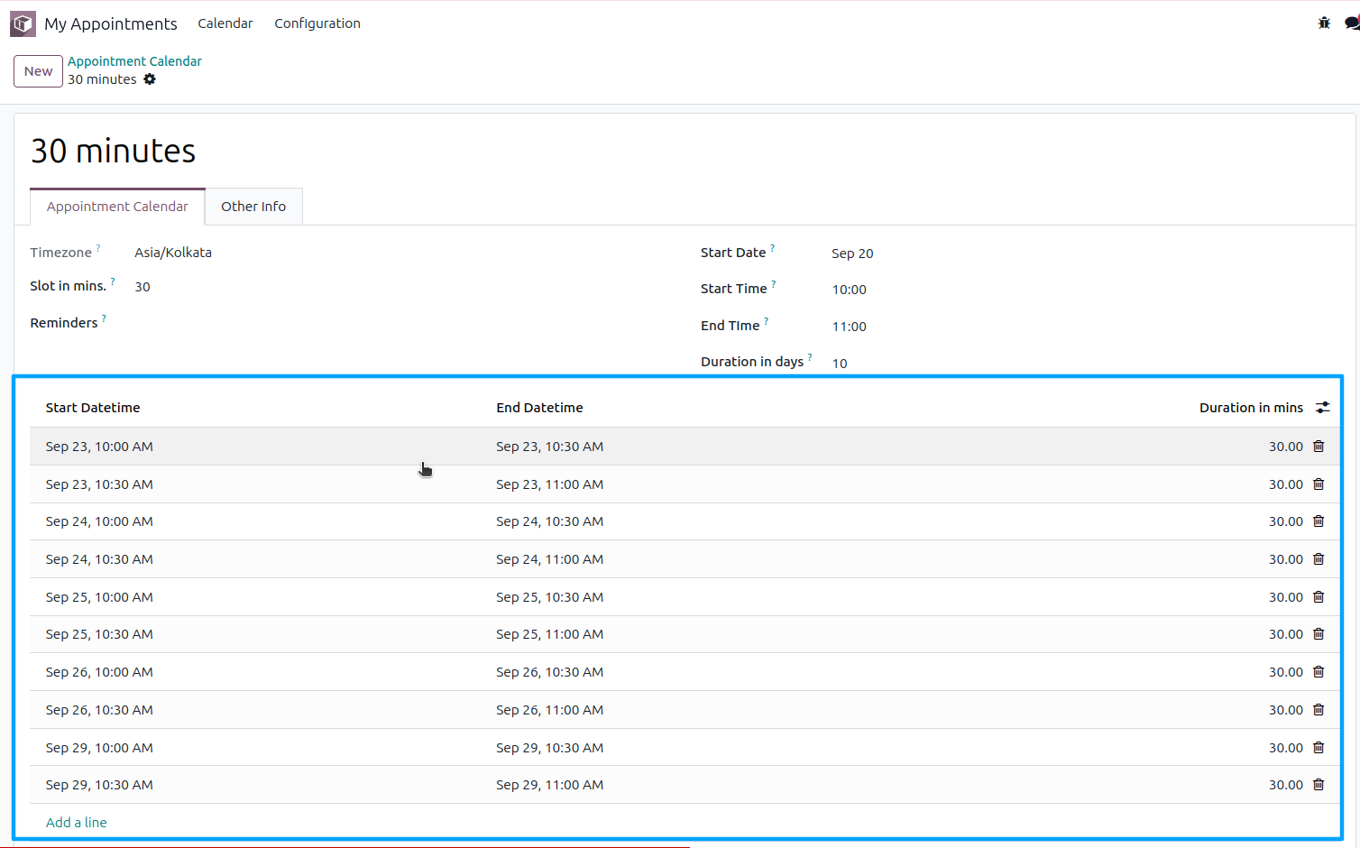 Calendar view showing appointment slots across different timezones with specific times created; after saving, slots are visible in calendar