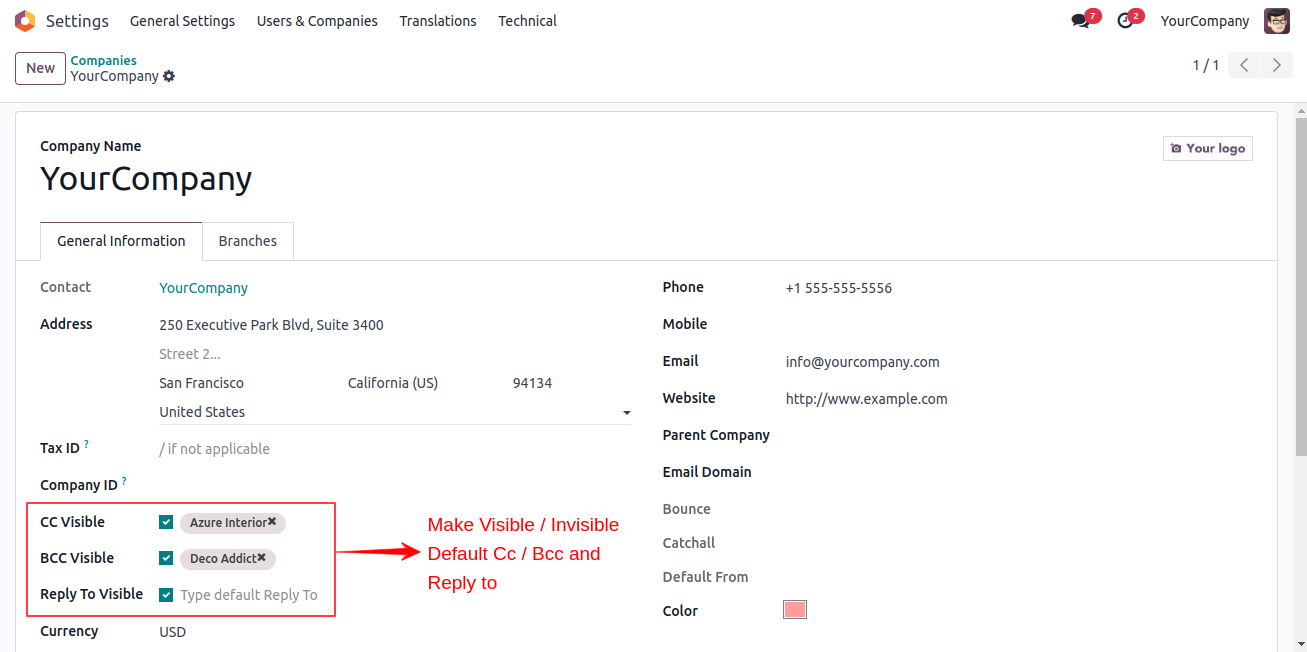 Company Email CC BCC Settings