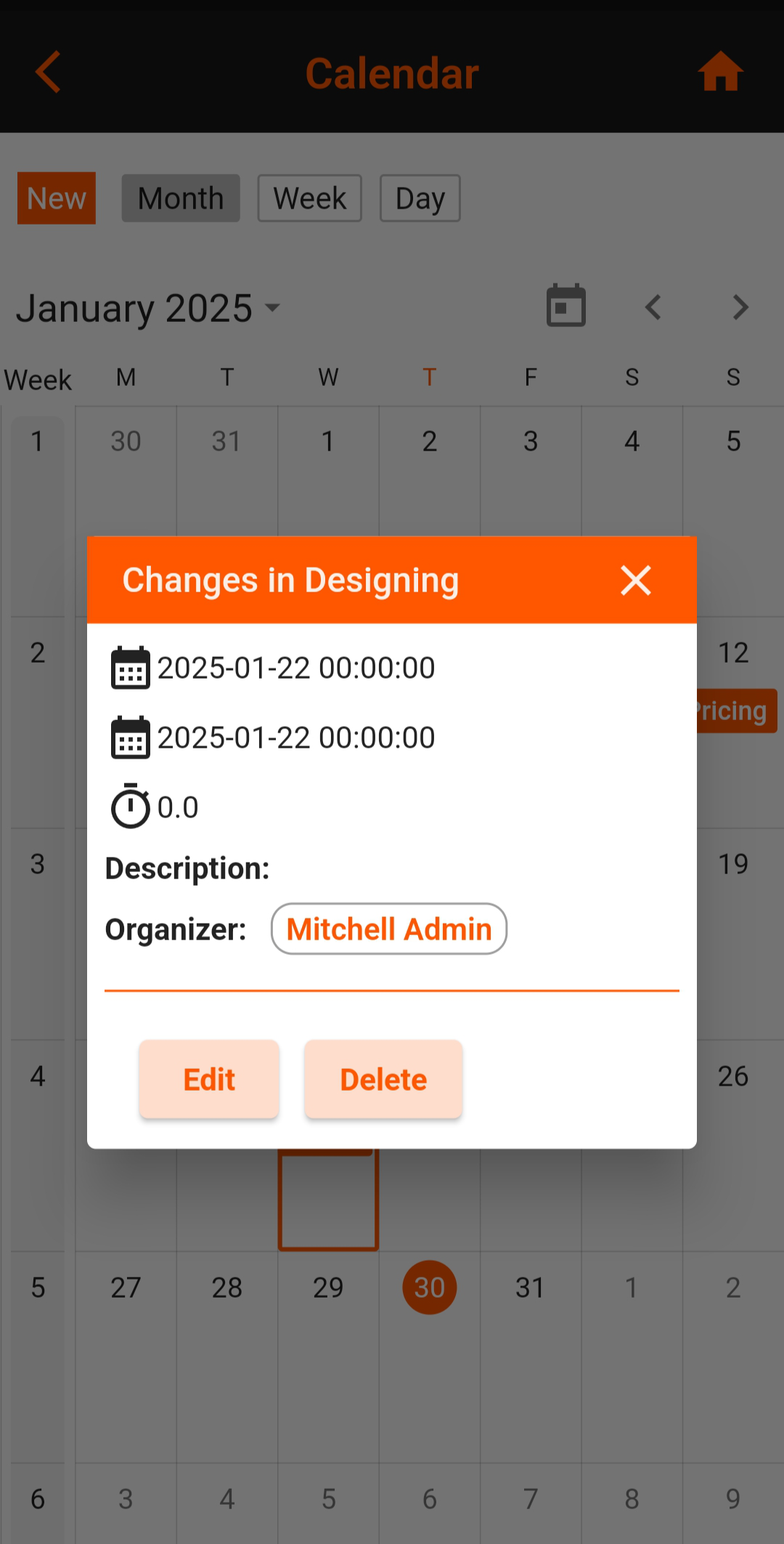 Calendar screen showing scheduled meetings events and daily agenda view
