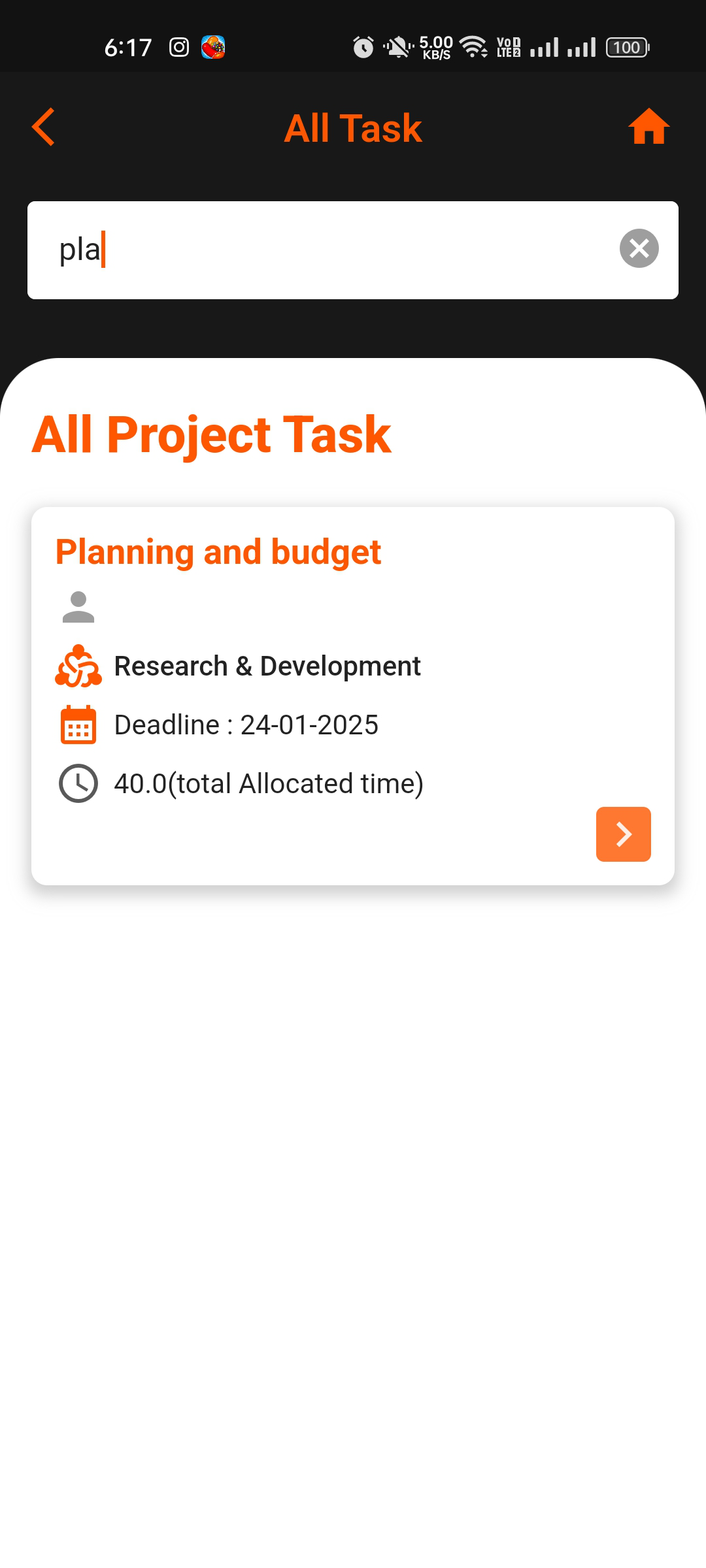 Task list showing tasks under project stages