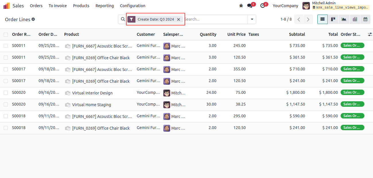 Filters on Quotation / Sale Order lines