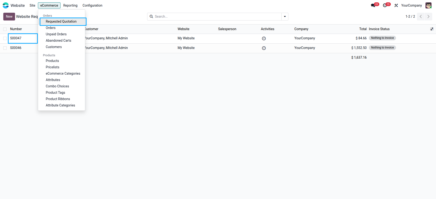 Website Requested Quotation