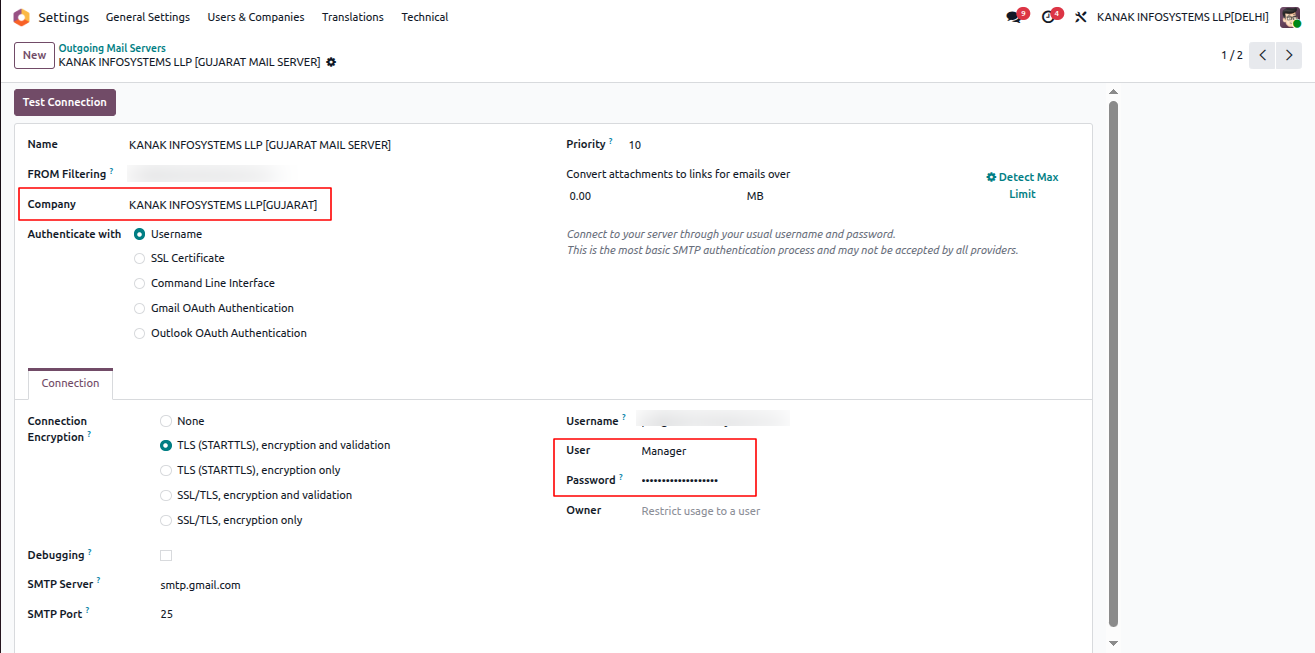 Outgoing Mail Server with User