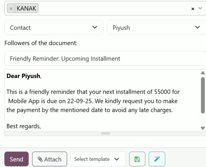 Odoo Inbox messaging system with inbox, sent and starred email options
