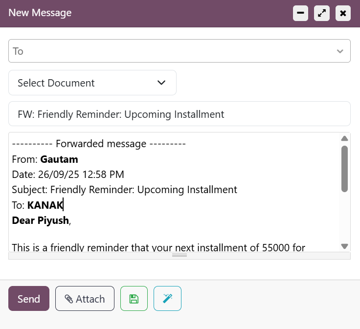 Odoo Inbox messaging system with inbox, sent and starred email options