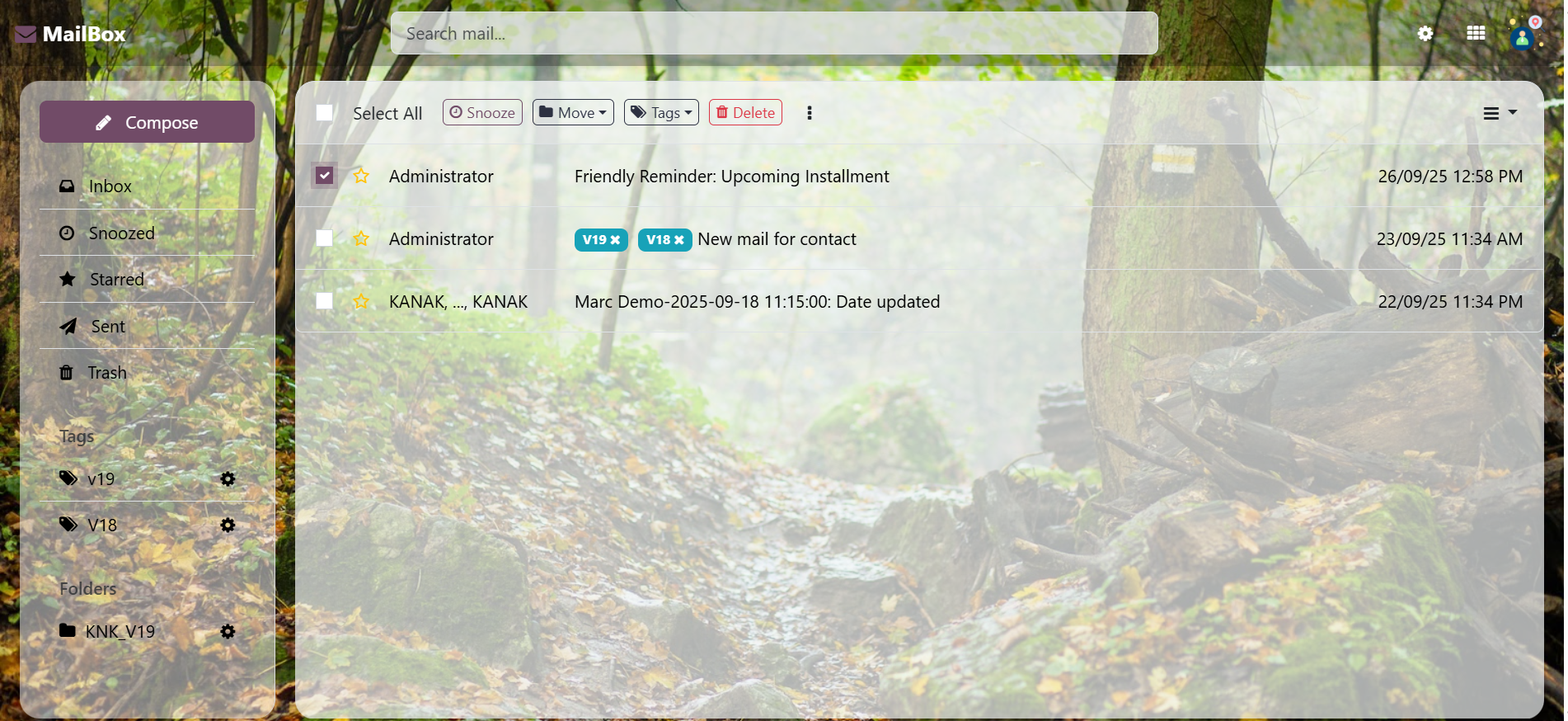 Odoo Inbox messaging system with inbox, sent and starred email options