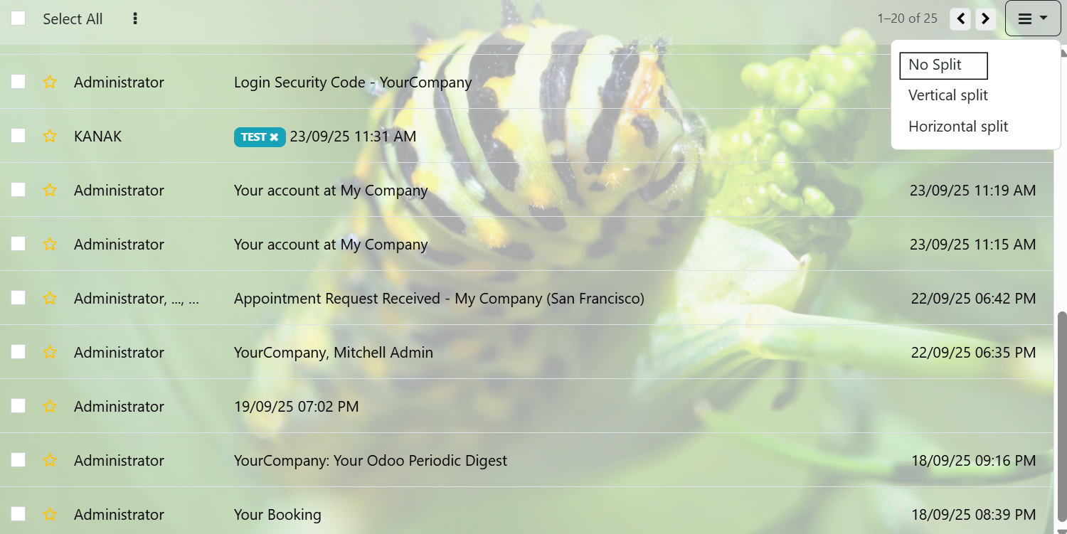 Odoo Inbox messaging system with inbox, sent and starred email options