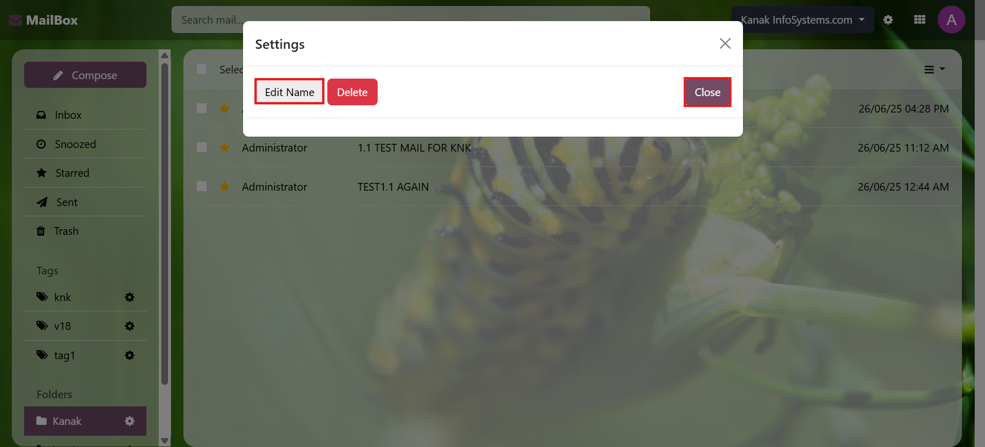 Odoo Inbox messaging system with inbox, sent and starred email options