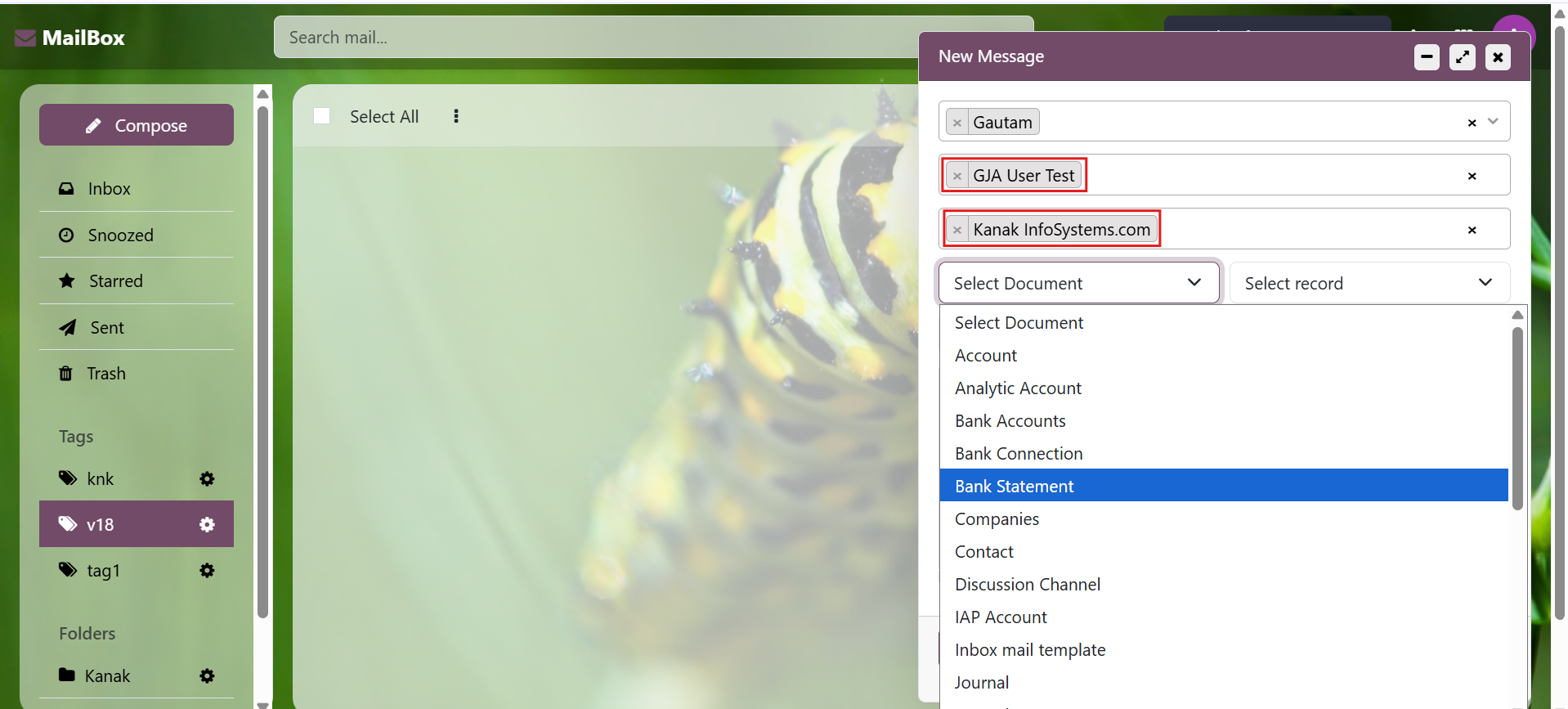 Odoo Inbox messaging system with inbox, sent and starred email options
