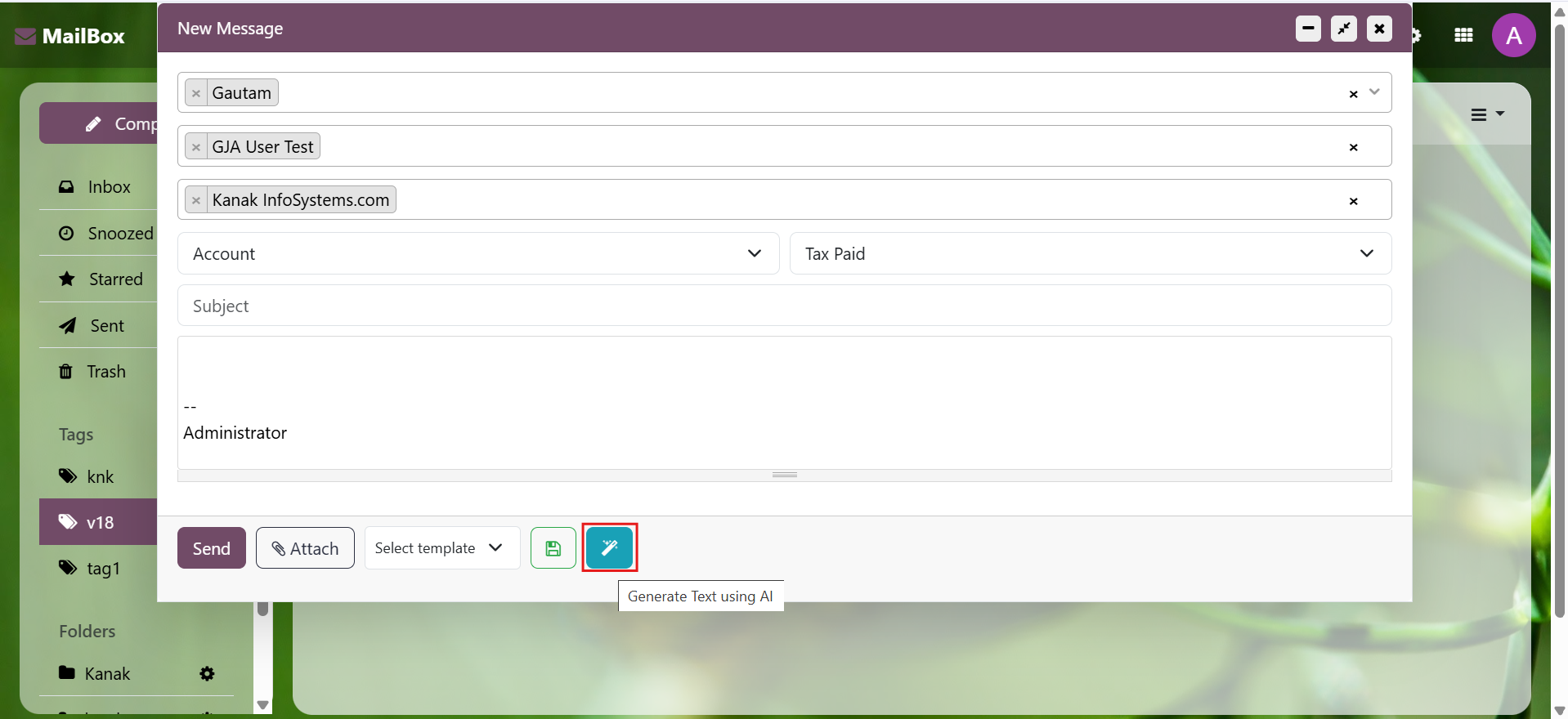 Odoo Inbox messaging system with inbox, sent and starred email options