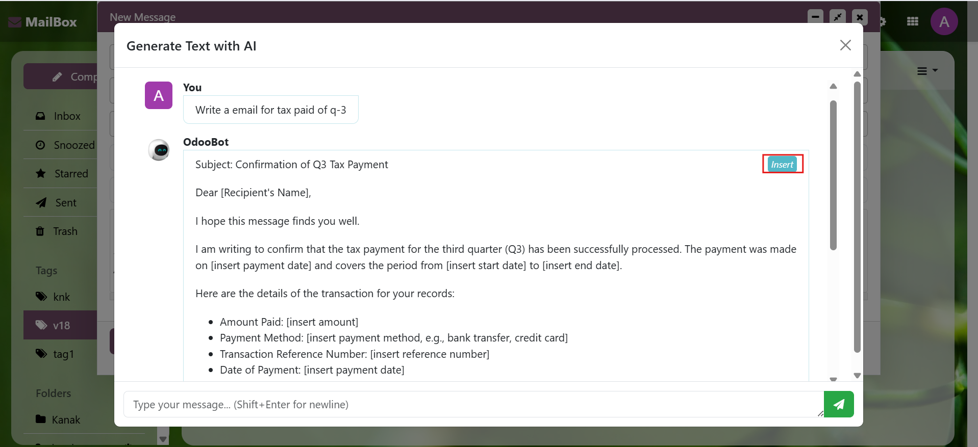Odoo Inbox messaging system with inbox, sent and starred email options