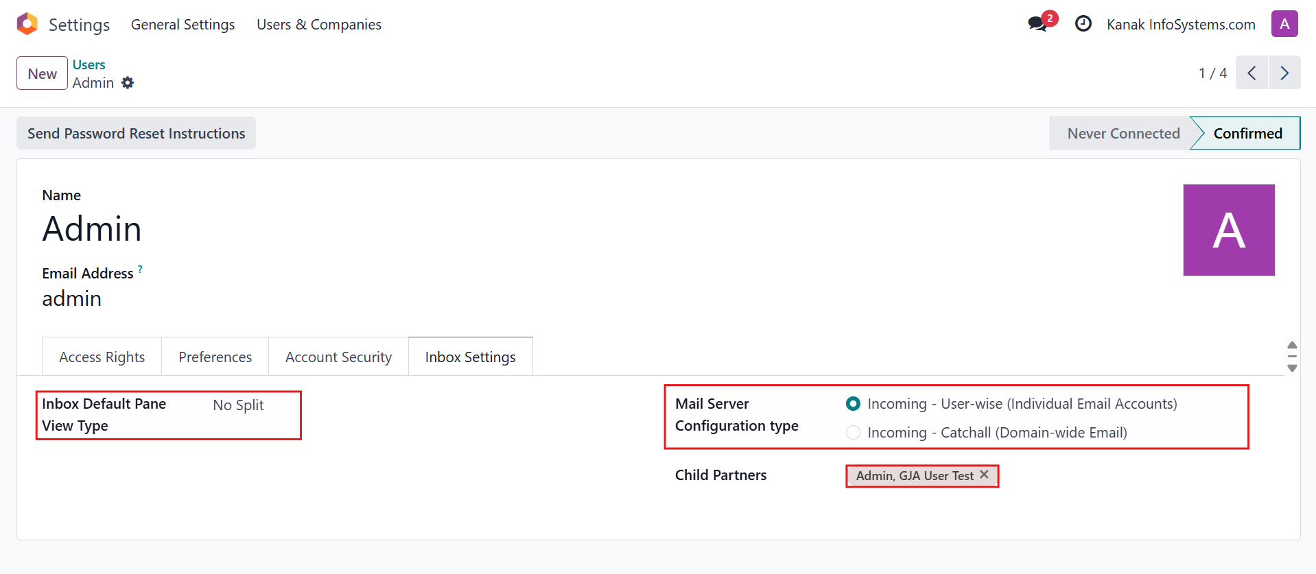 Odoo Inbox messaging system with inbox, sent and starred email options