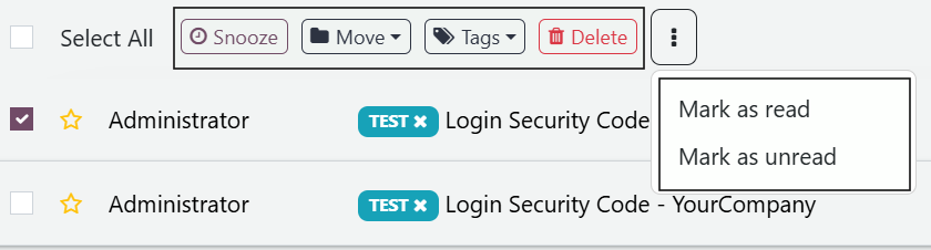 Odoo Inbox messaging system with inbox, sent and starred email options