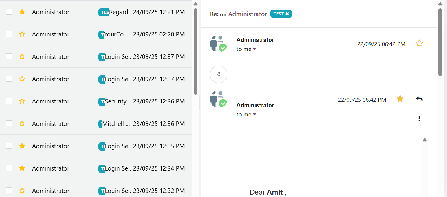 Odoo Inbox messaging system with inbox, sent and starred email options