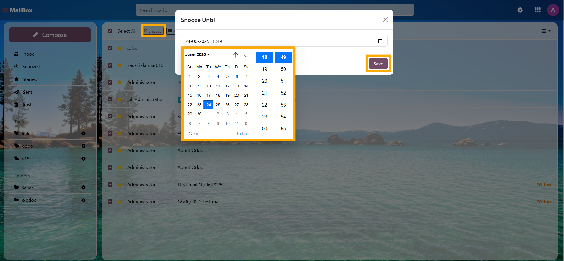 Odoo Inbox messaging system with inbox, sent and starred email options