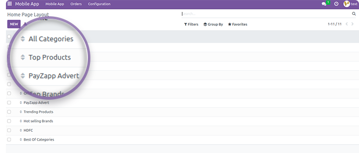OdooShoppe product management interface showing shop by categories and brands menu organization