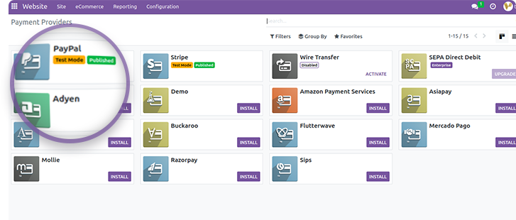 Odoo backend payment integration interface supporting multiple payment methods and gateways