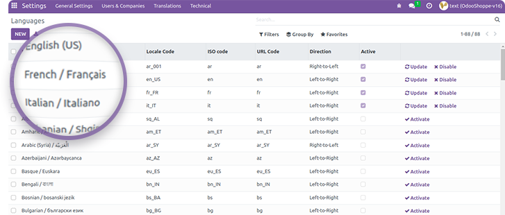 Odoo backend multilingual settings interface enabling multi-language support for global users