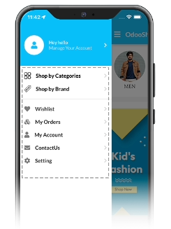 OdooShoppe mobile app burger menu navigation drawer with shopping, settings, and invoice options