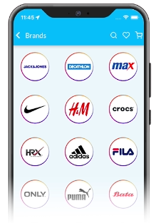 OdooShoppe mobile app shop by brand feature showing multiple fashion and product brands