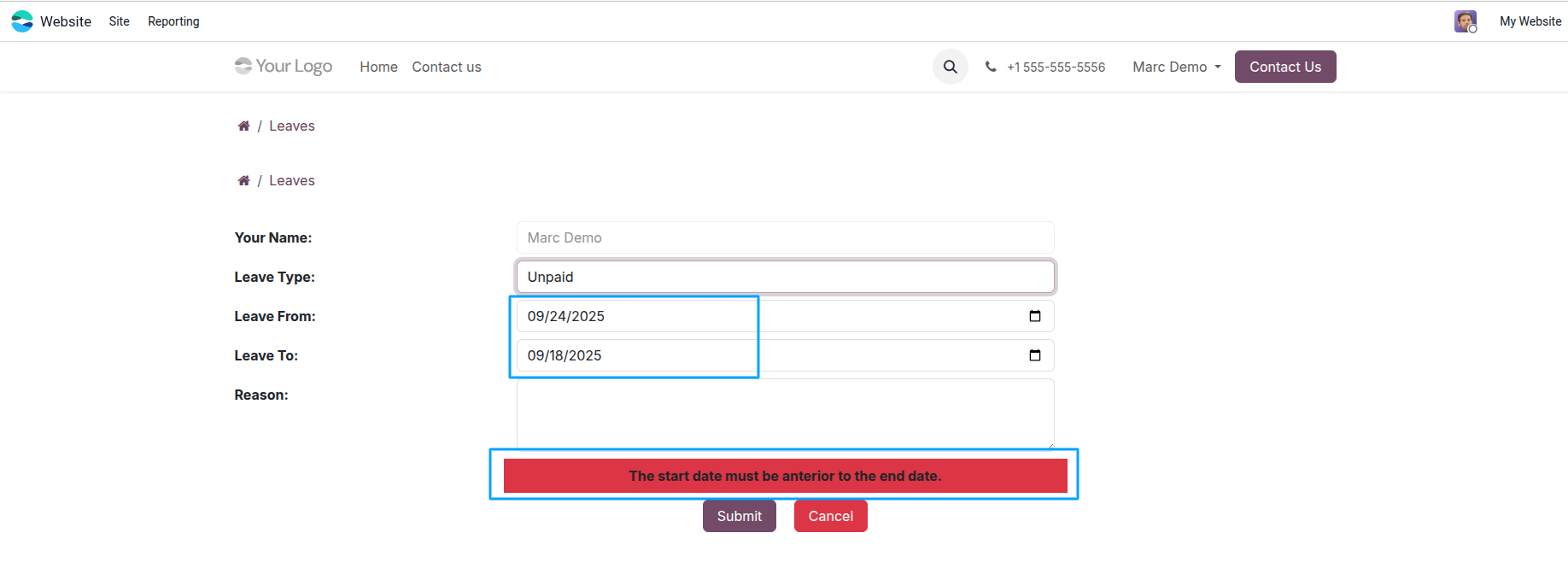 Leave Validation Error Screenshot