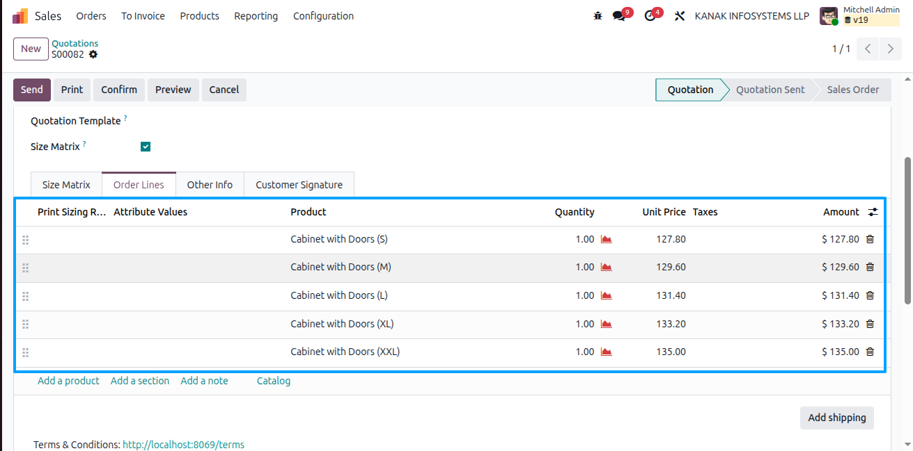 sale product size matrix