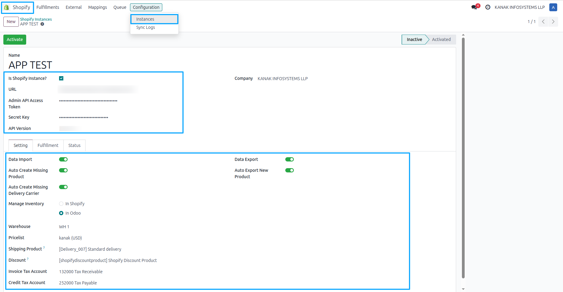 Shopify Integration instance