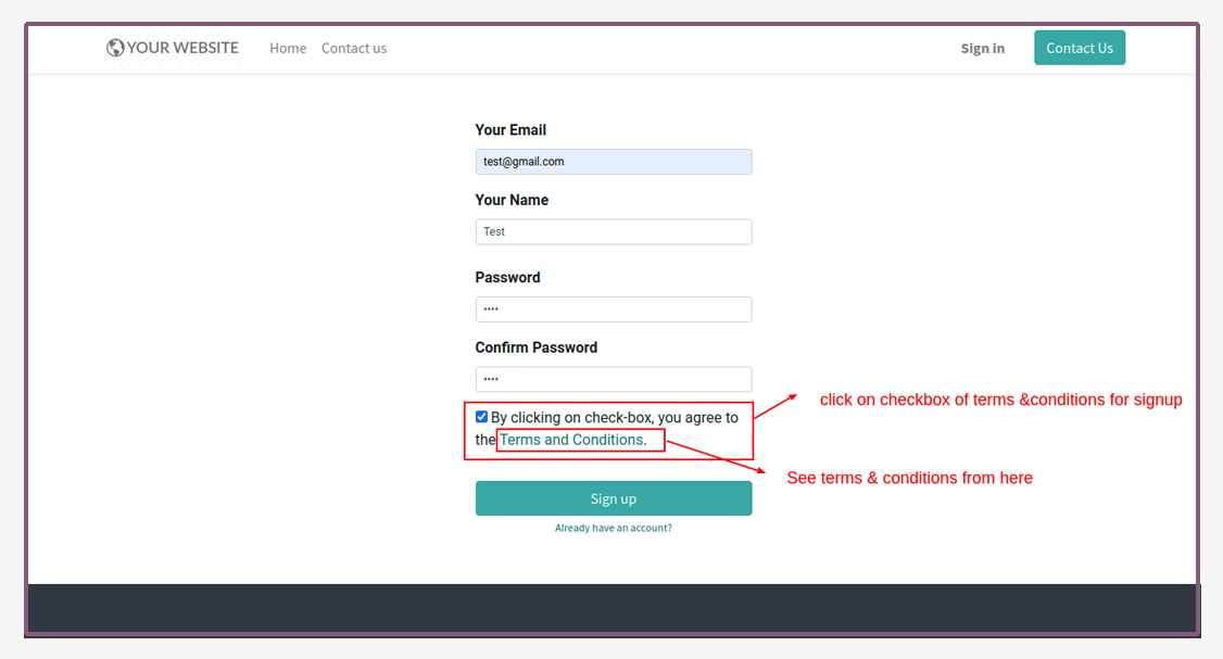 Signup Terms & Conditions - This can be used to restrict signup based on company terms & conditions | signup |signin |terms and Conditions |Signup Terms | Signup Conditions.