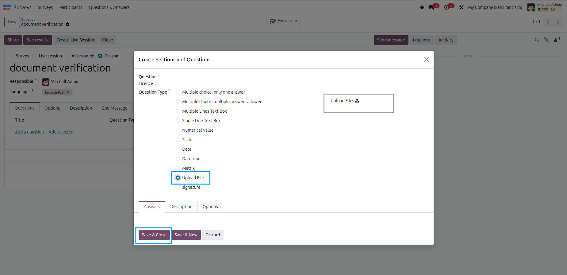 Set Question Type to Upload File