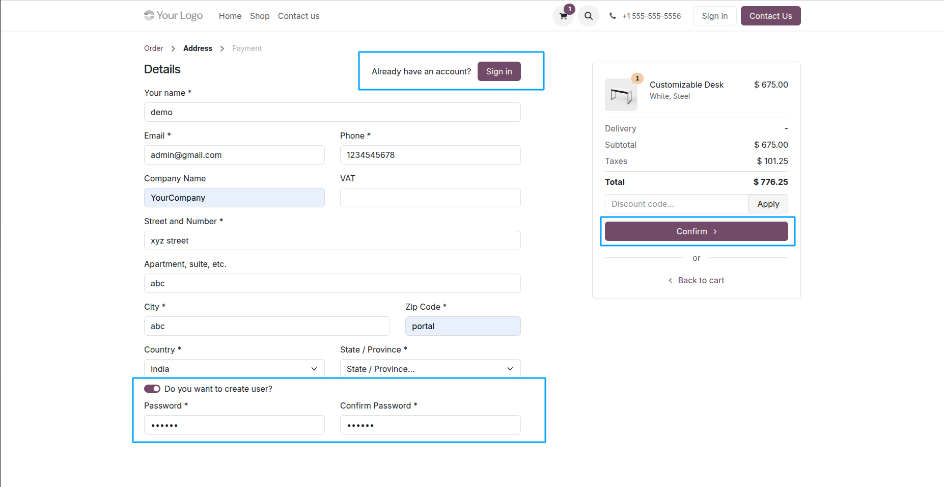 website checkout signup page