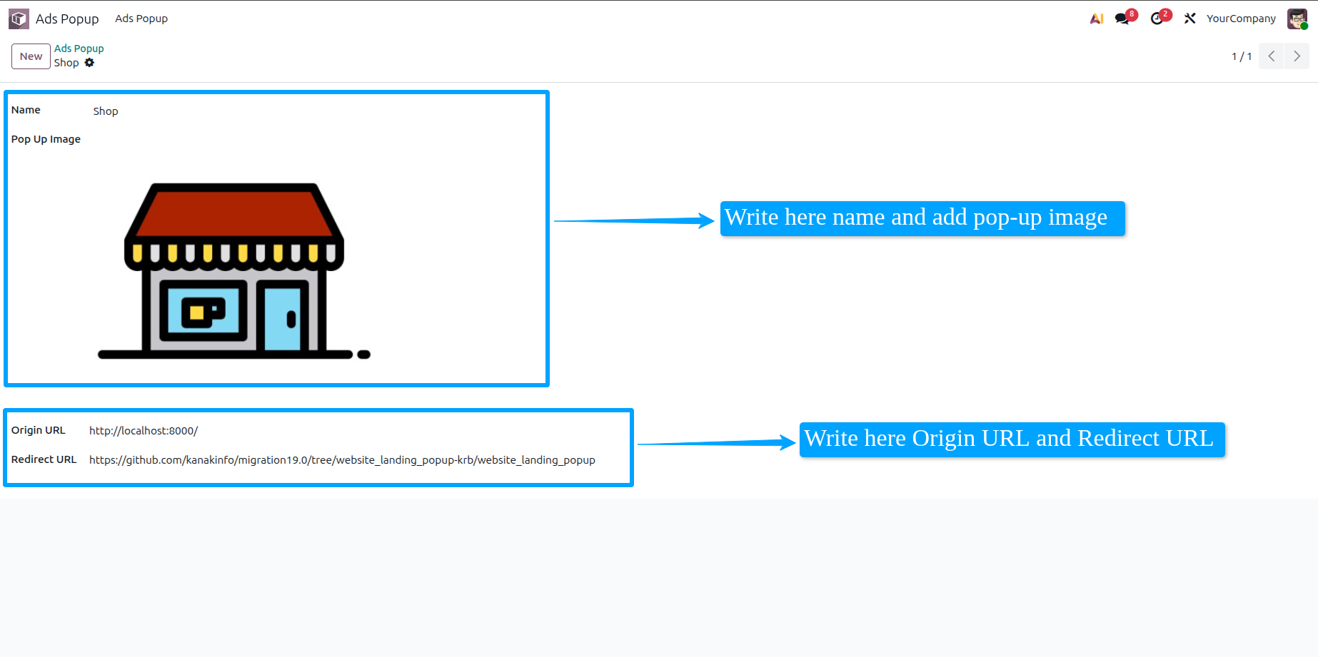 Configure Landing Pop-up