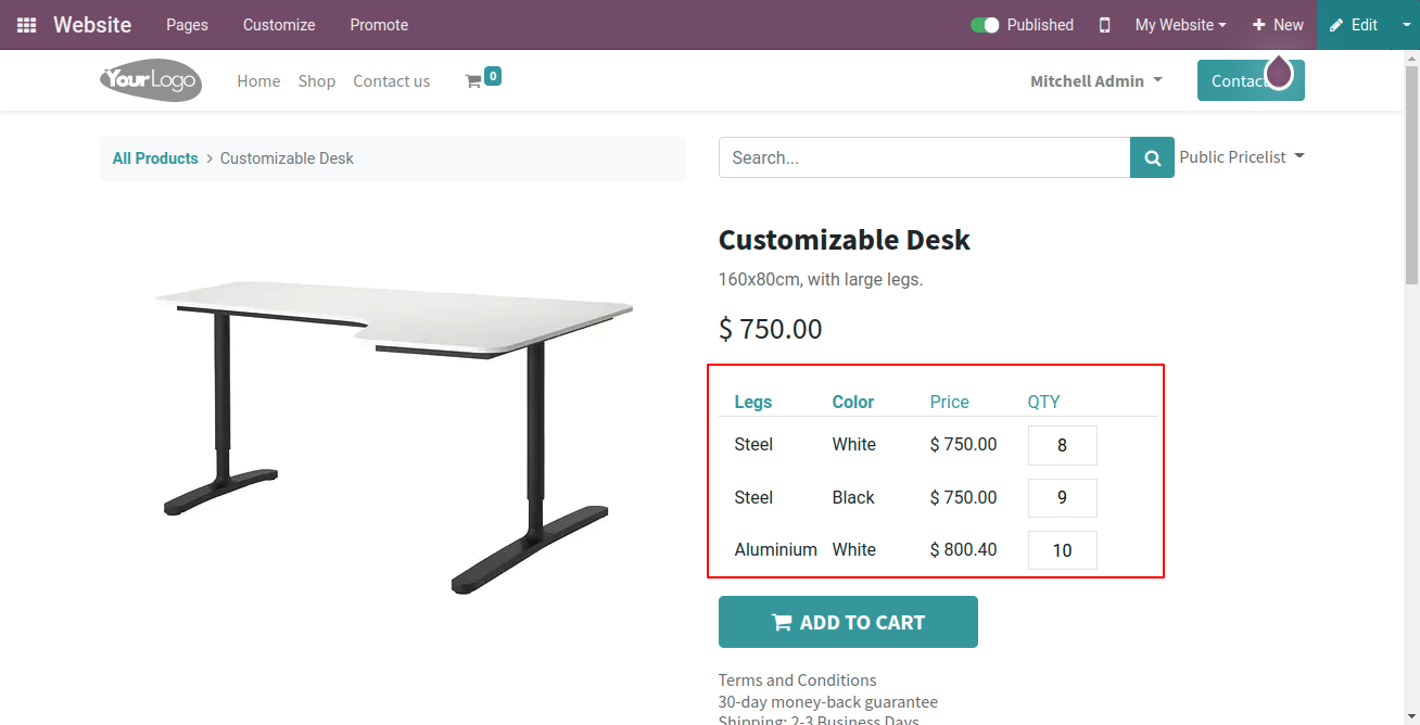Website matrix quick cart