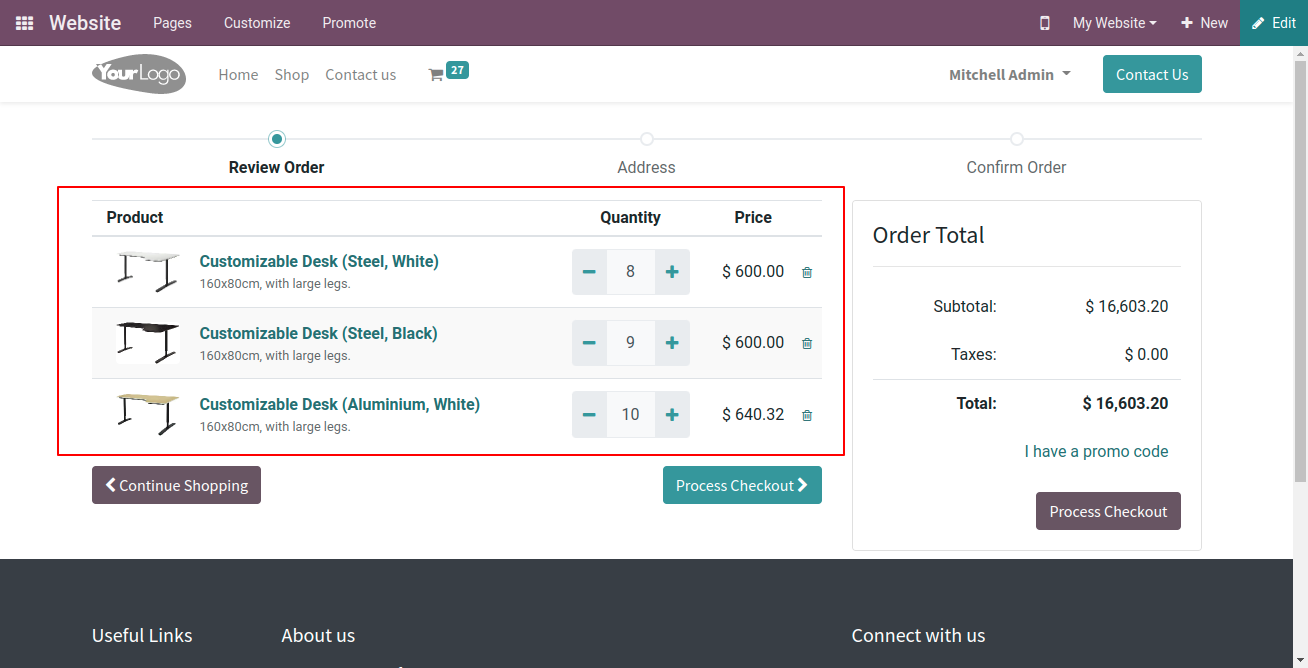 Website matrix quick cart