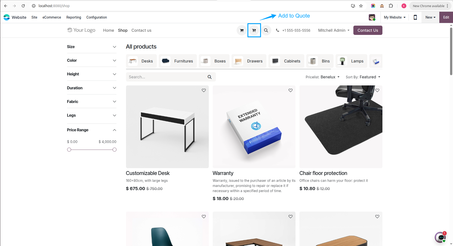 Add to Quote Icon on Website Home Page