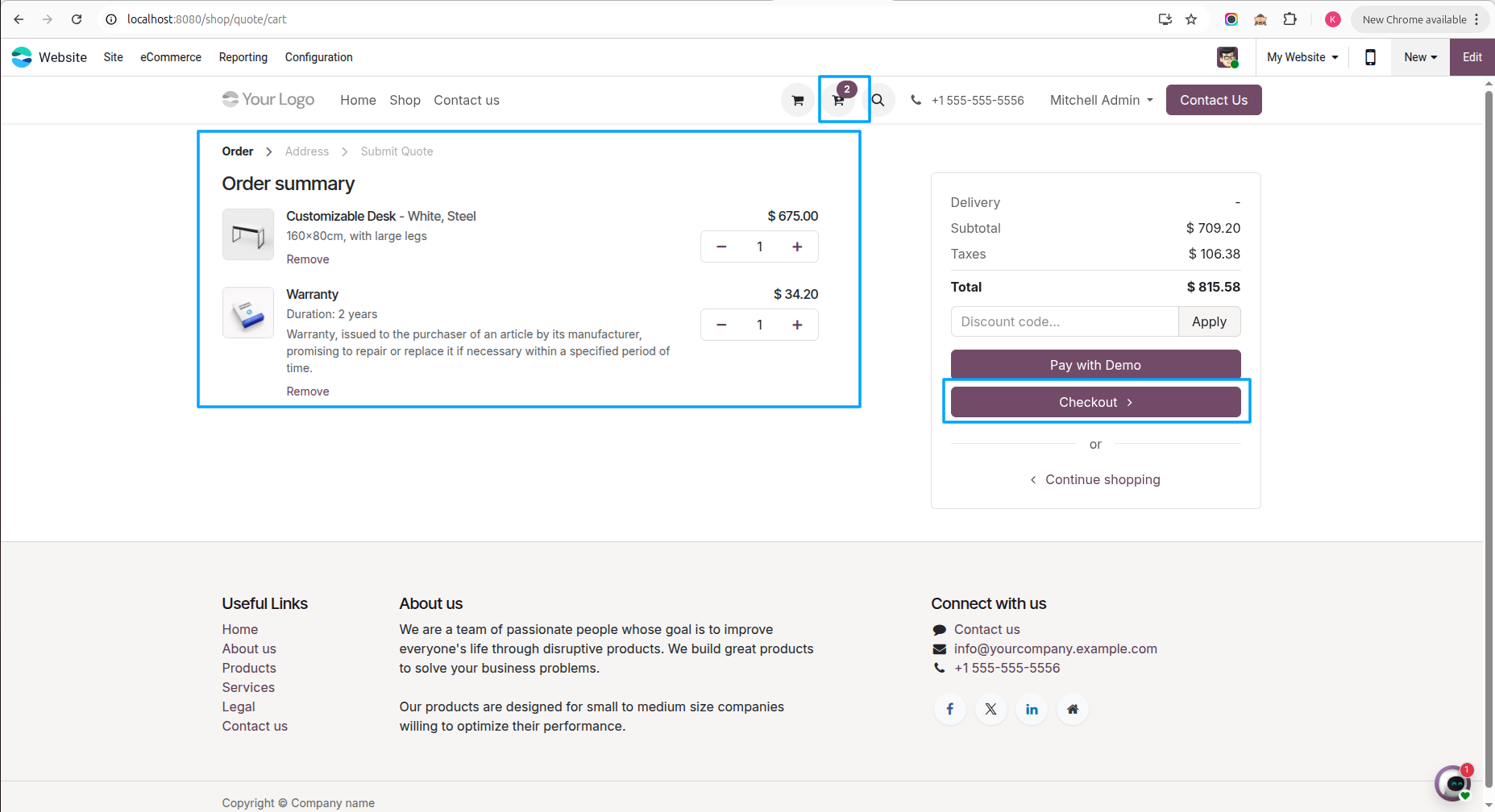 Quote Cart Page and Product Count Icon