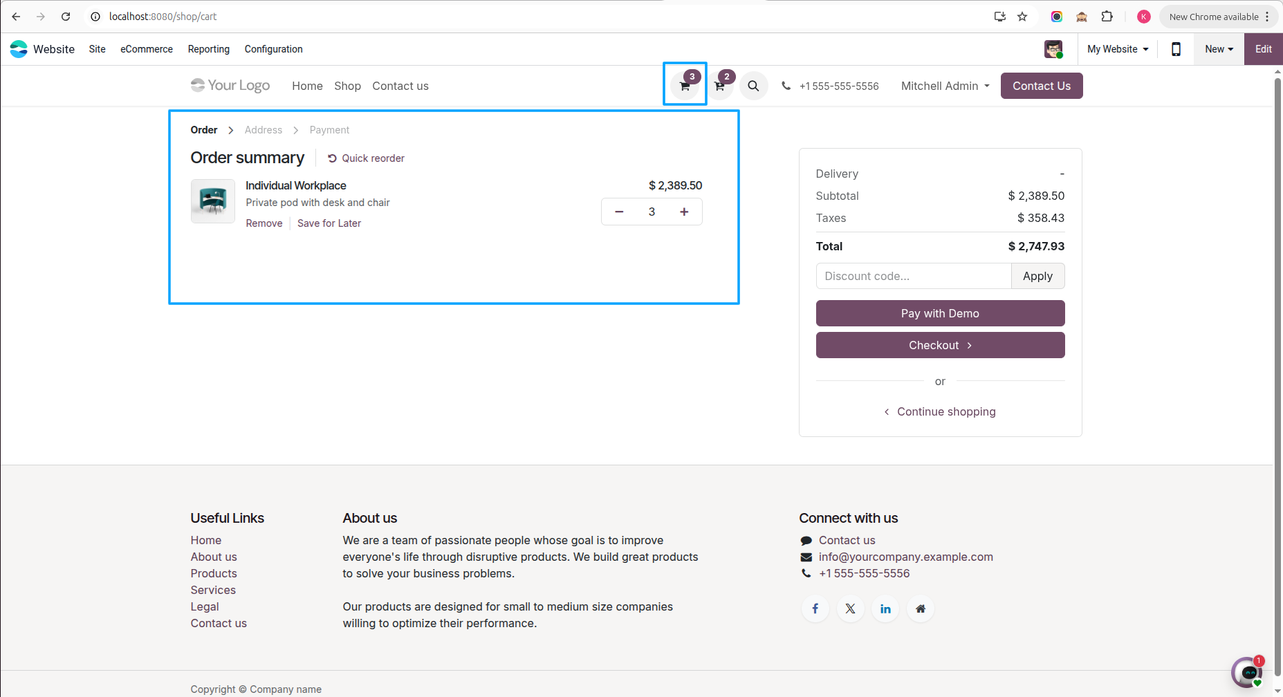 Shopping Cart Page and Product Count Icon