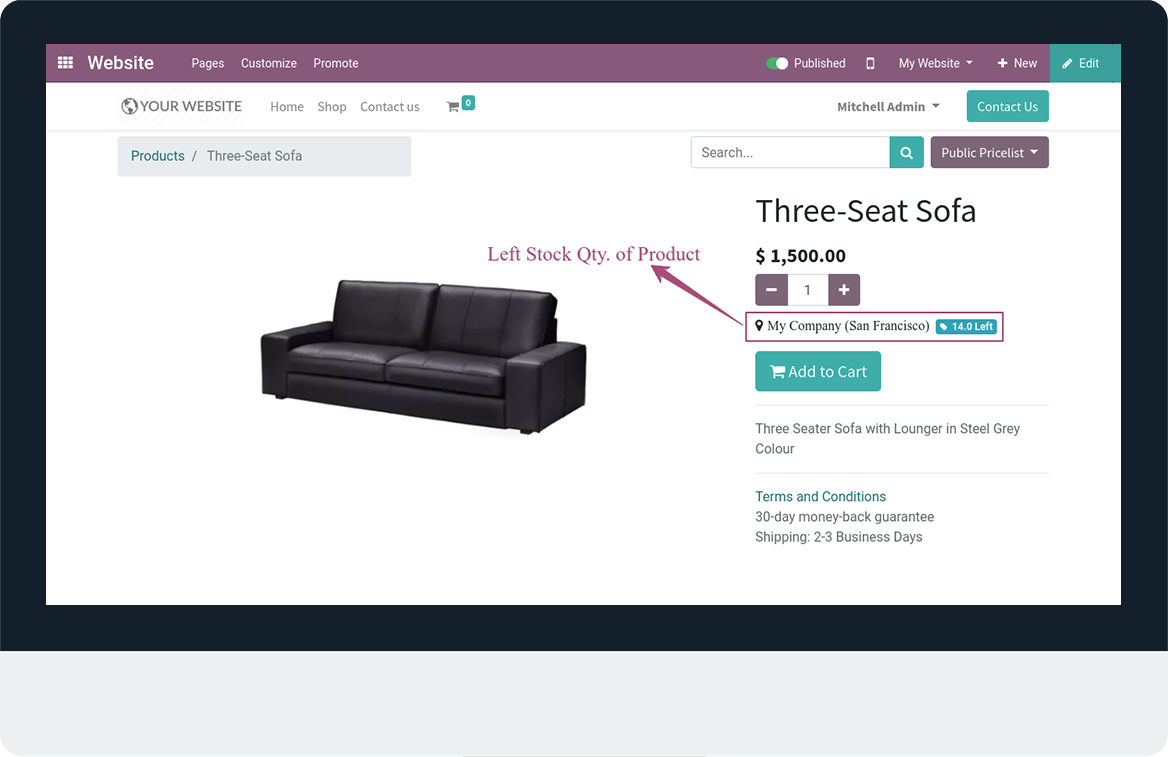 Website Stock Notification - This module allows to notification of stock qty(left) in shop page in odoo.| website stock | stock low | website sale | website sale stock | website sale stock low