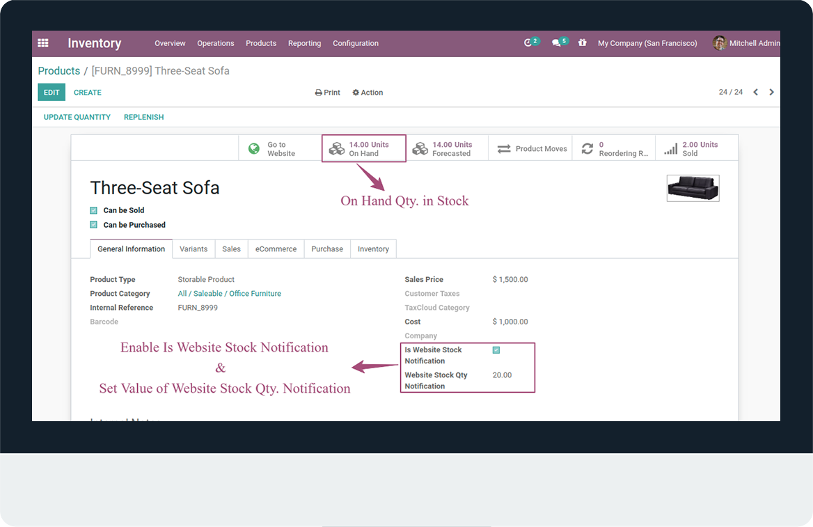 Website Stock Notification - This module allows to notification of stock qty(left) in shop page in odoo.| website stock | stock low | website sale | website sale stock | website sale stock low