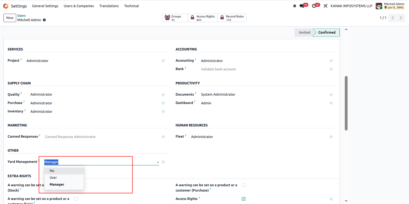 Yard Management User Role Configuration