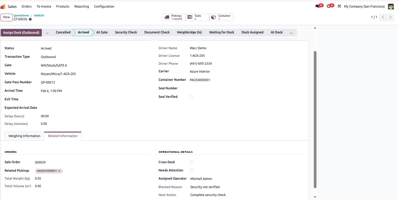 Yard Management - Yard Management automates warehouse gate operations, dock scheduling, and vehicle tracking from entry to exit. The module integrates weighbridge operations, security checkpoints, quality controls, and real-time inventory tracking with automated notifications at every stage. | Yard Management | Gate Transactions | Dock Scheduling | Weighbridge Integration | Security Checkpoints | Inventory Tracking | Warehouse Operations | Vehicle Management | SLA Monitoring | Quality Control | Real-time Notifications.