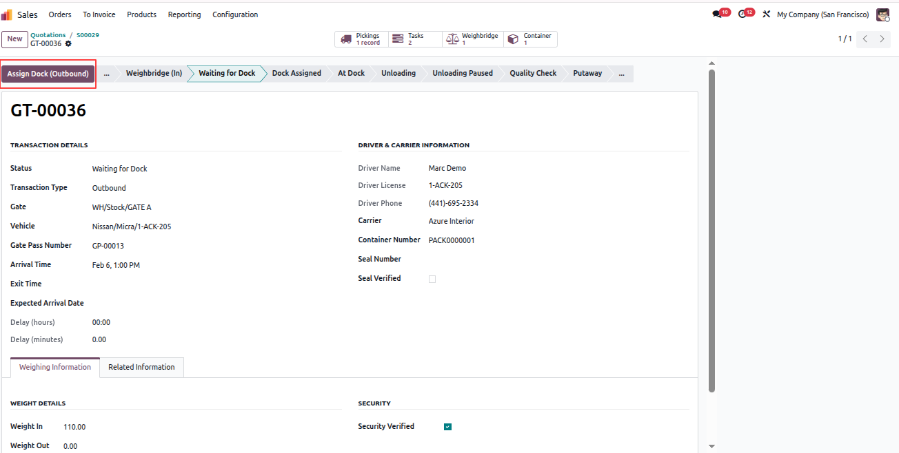 Yard Management - Yard Management automates warehouse gate operations, dock scheduling, and vehicle tracking from entry to exit. The module integrates weighbridge operations, security checkpoints, quality controls, and real-time inventory tracking with automated notifications at every stage. | Yard Management | Gate Transactions | Dock Scheduling | Weighbridge Integration | Security Checkpoints | Inventory Tracking | Warehouse Operations | Vehicle Management | SLA Monitoring | Quality Control | Real-time Notifications.