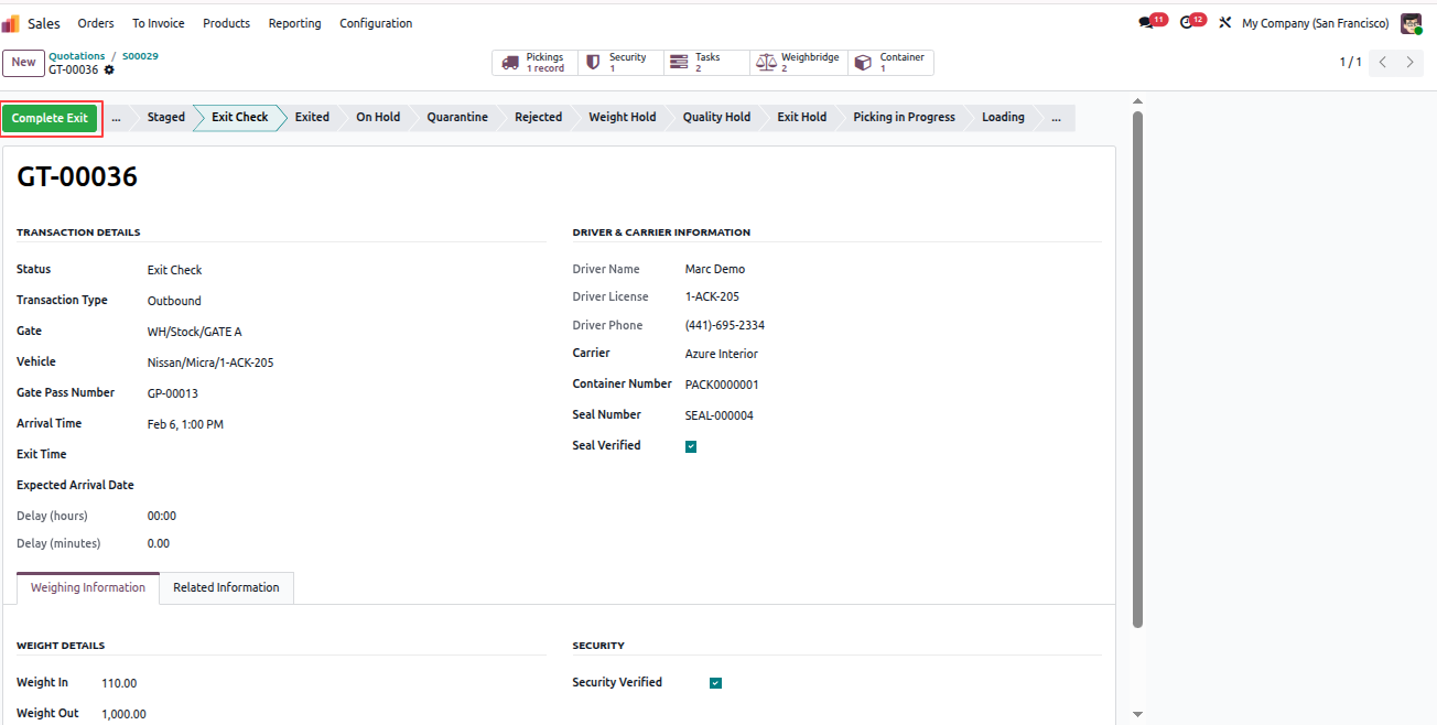 Yard Management - Yard Management automates warehouse gate operations, dock scheduling, and vehicle tracking from entry to exit. The module integrates weighbridge operations, security checkpoints, quality controls, and real-time inventory tracking with automated notifications at every stage. | Yard Management | Gate Transactions | Dock Scheduling | Weighbridge Integration | Security Checkpoints | Inventory Tracking | Warehouse Operations | Vehicle Management | SLA Monitoring | Quality Control | Real-time Notifications.