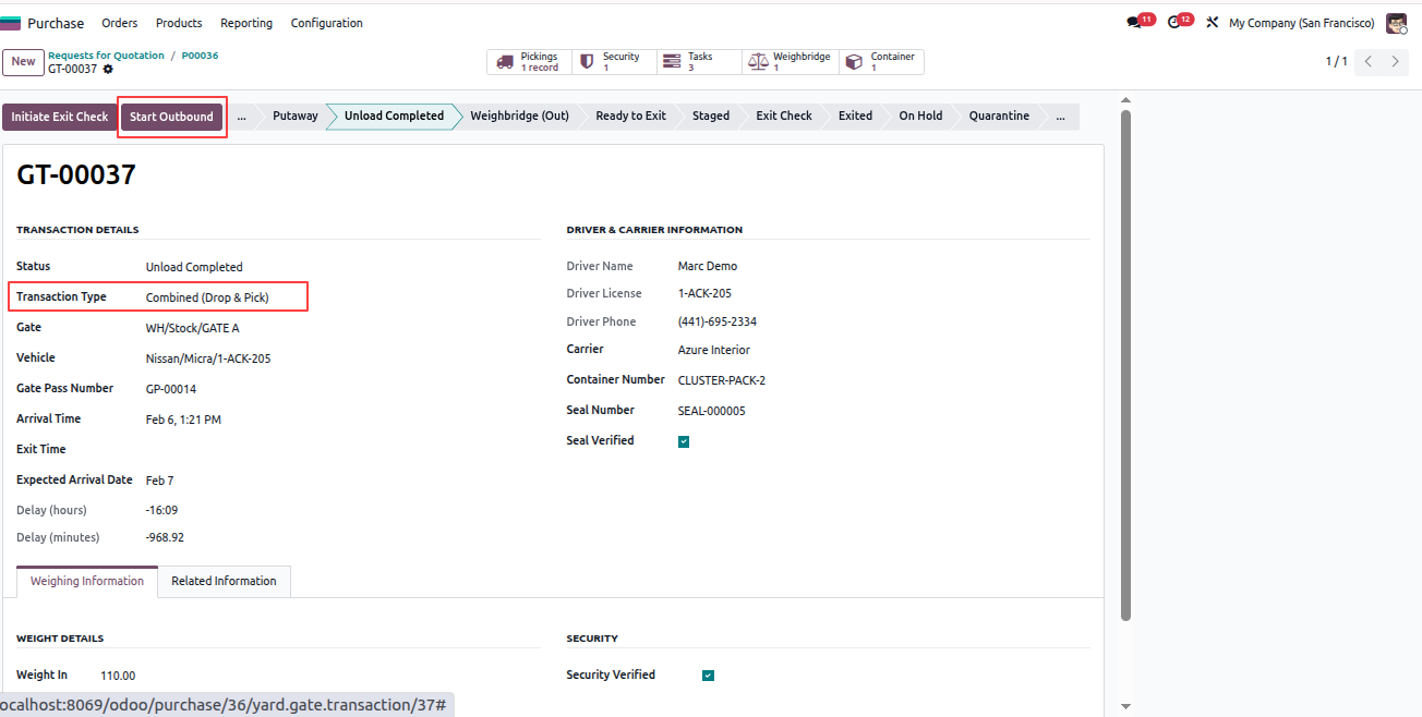 Yard Management - Yard Management automates warehouse gate operations, dock scheduling, and vehicle tracking from entry to exit. The module integrates weighbridge operations, security checkpoints, quality controls, and real-time inventory tracking with automated notifications at every stage. | Yard Management | Gate Transactions | Dock Scheduling | Weighbridge Integration | Security Checkpoints | Inventory Tracking | Warehouse Operations | Vehicle Management | SLA Monitoring | Quality Control | Real-time Notifications.