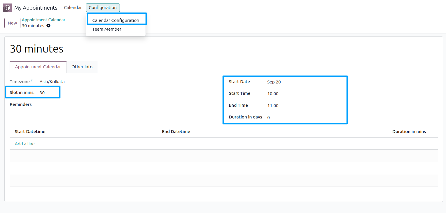 Calendar configuration showing slot duration, start date, end date, and number of days