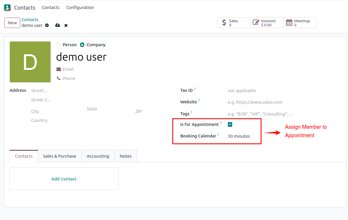 Customer profile showing 'Is For Appointment' checkbox enabled to assign team members for appointments