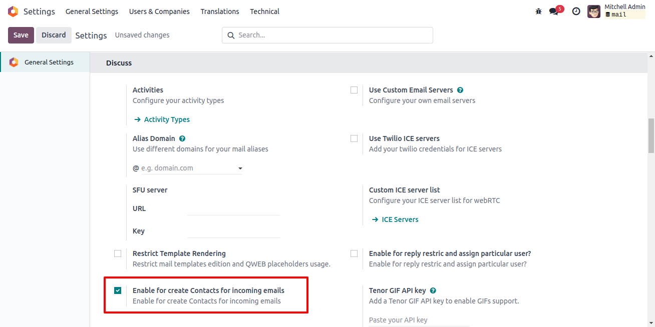 Odoo Inbox - Enable contact creation for incoming emails